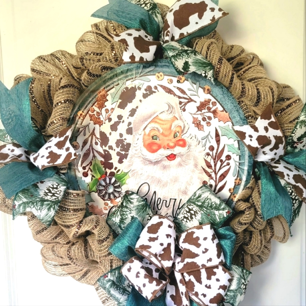 Christmas Santa Cow Print Wreath Deco Mesh Bows Farmhouse Western